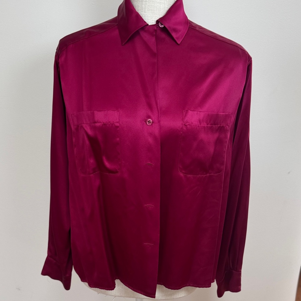 100%% Silky Magenta Button-Up Blouse wine color size 2